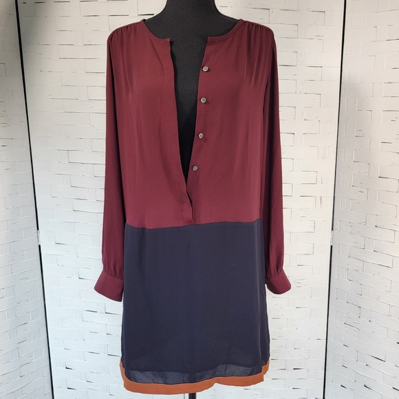 LOFT Burgundy Blue Long Sleeve Shift Dress    Size XS - Picture 1 of 13